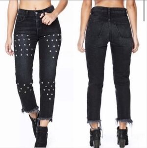 Carmar black studded jeans frayed hem Bikercore